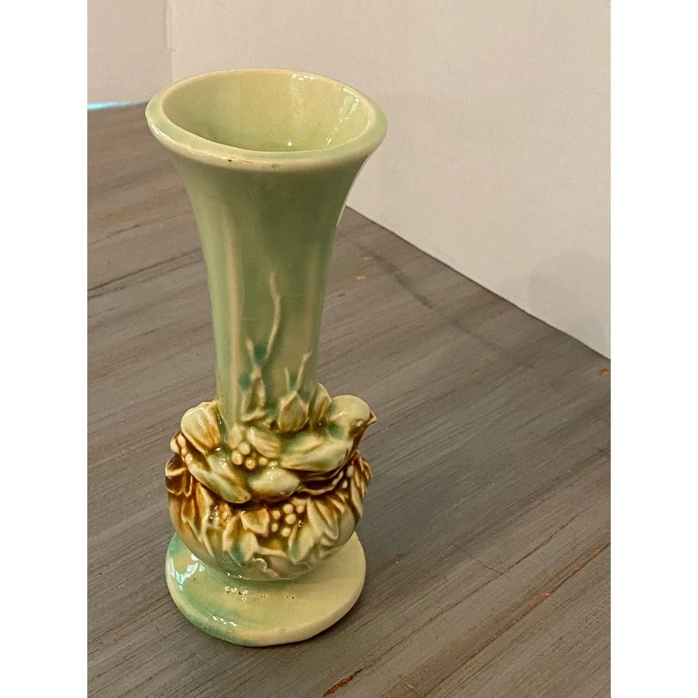 Vintage McCoy Bird and Nest Ceramic Bud Vase Celadon Green Brown Drip Glaze